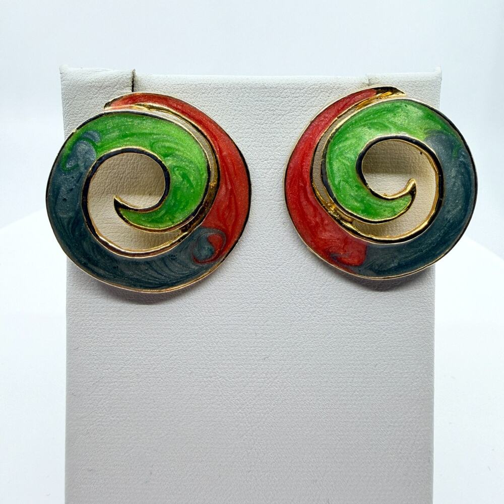 Vintage 80s Colorful Swirl Enamel Stud Earrings Gold Tone Bold Retro Abstract